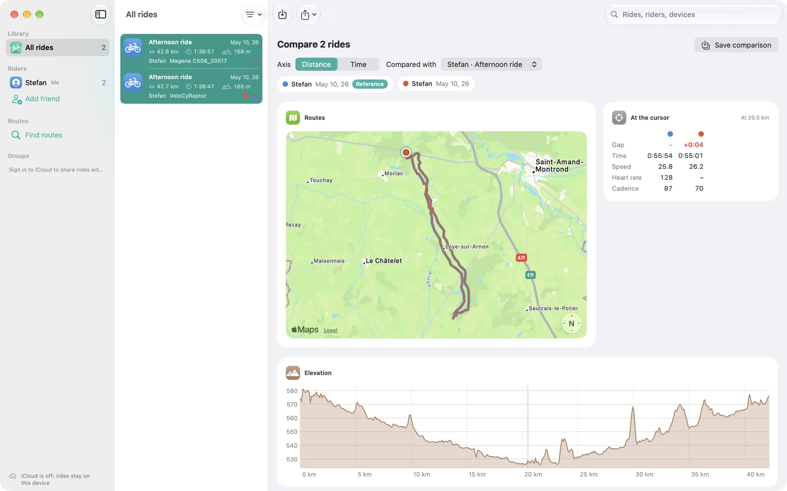 Two rides compared at the cursor: gap, time, speed, heart rate and cadence