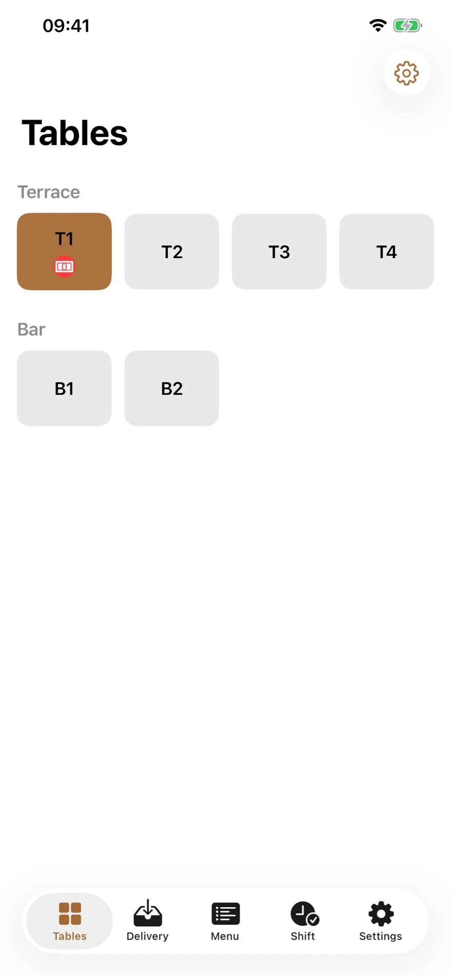 Tables screen with areas Terrace and Bar