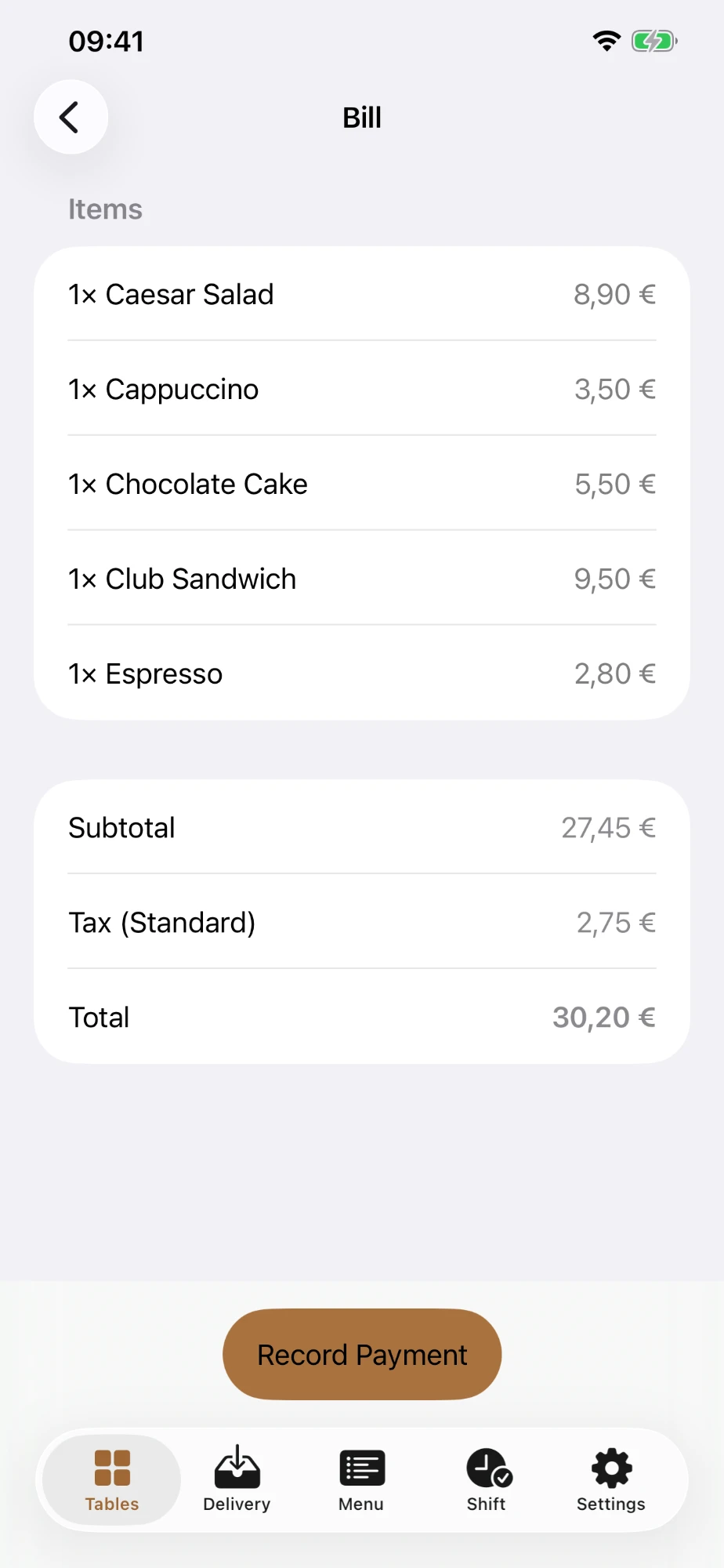 Bill with items, subtotal, tax and total