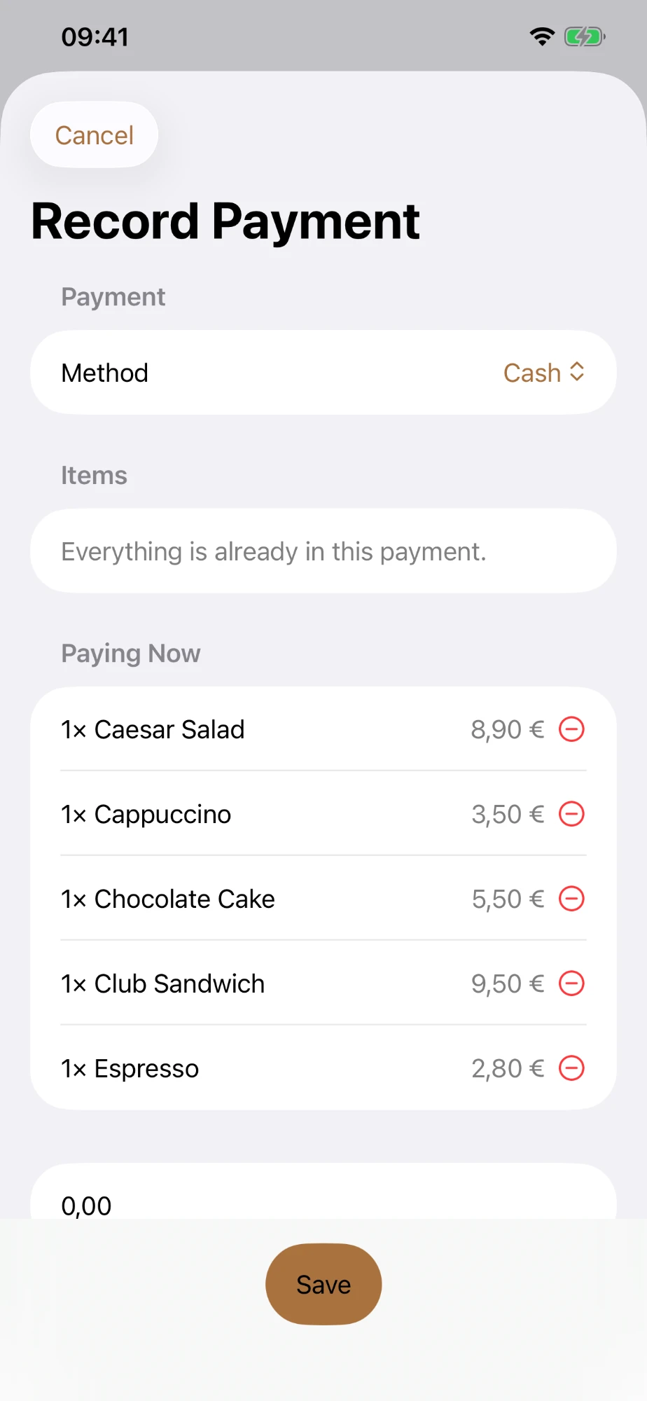 Record Payment screen with items to pay