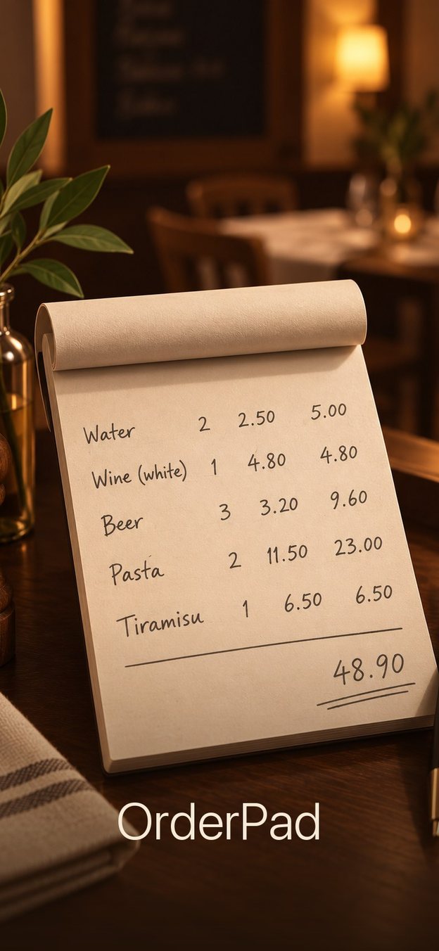 OrderPad launch screen — a handwritten order pad and bill on a restaurant table, with the title “OrderPad”