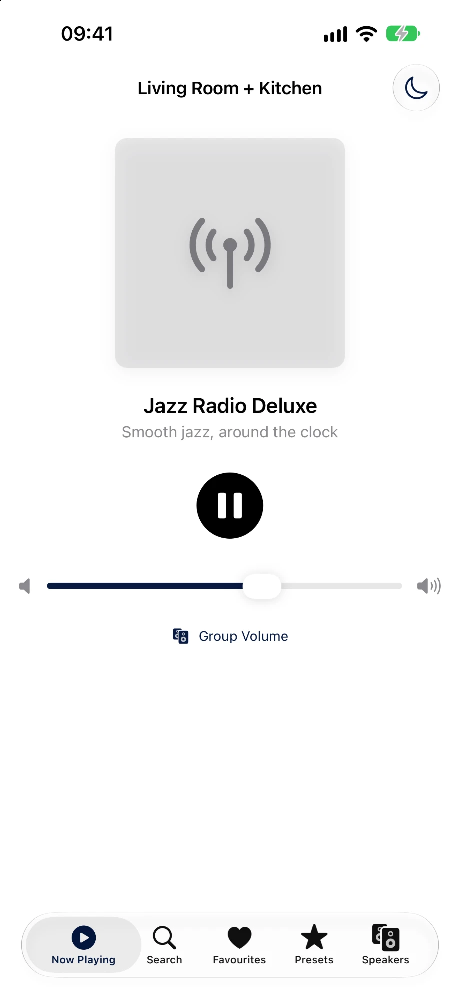 Now Playing screen showing Jazz Radio Deluxe with play and volume controls