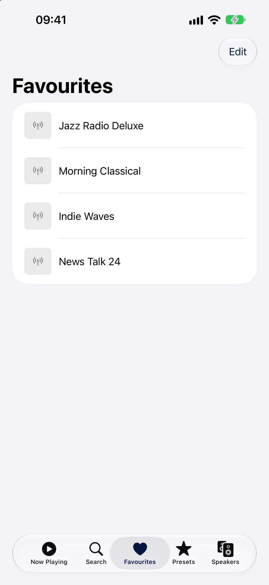 Favourites list with four radio stations