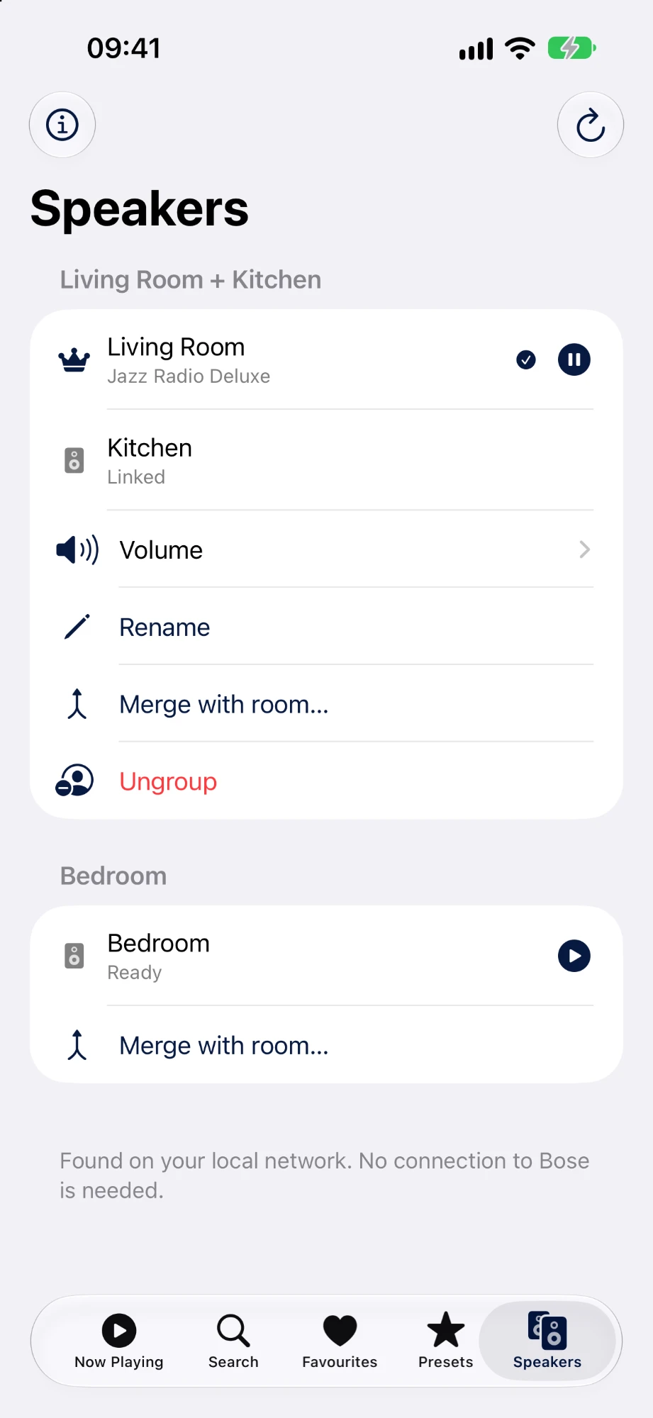 Speakers screen with a grouped Living Room and Kitchen and a separate Bedroom