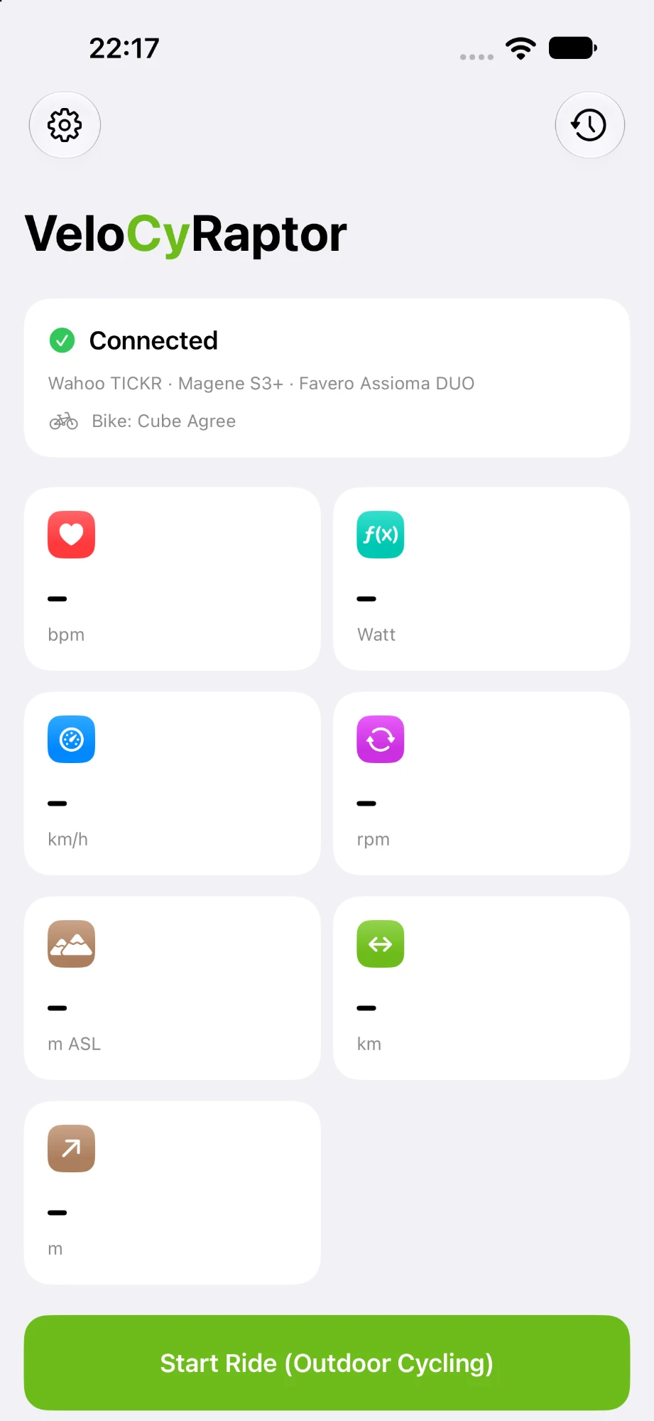 Ready screen with connected sensors and a Start Ride button